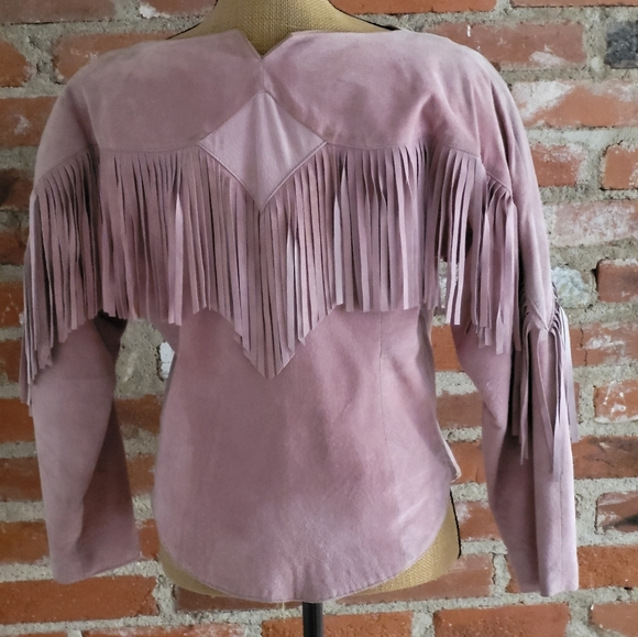 Pioneer Wear vtg 80s pink suede fringed western shirt size 8 - Picture 4 of 10